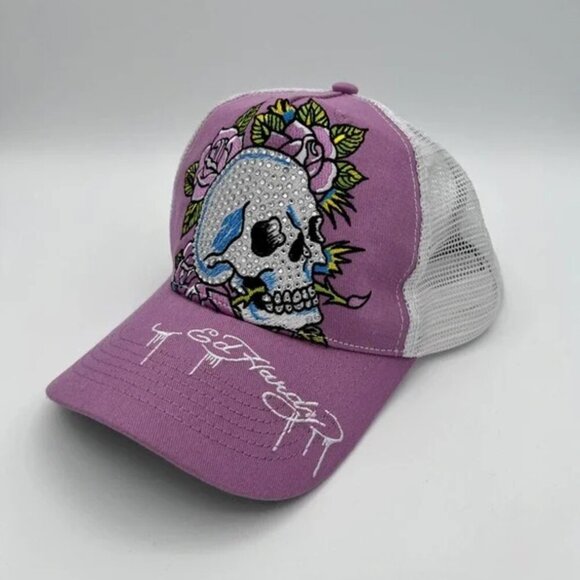 Ed Hardy Rhinestones Roses Skull Hat Snapback Purple Adjustable One Size Adult - Picture 2 of 5